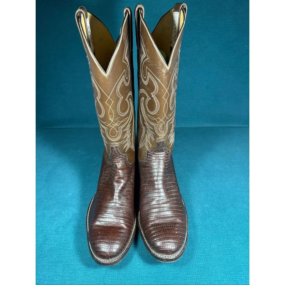 Vintage Tener's Men's Genuine Teju Leather Cowboy Boots – Size 9 – Brown Western